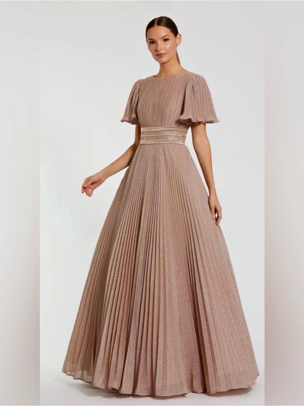 Mac Duggal Shimmery Taupe Pleated Maxi Gown